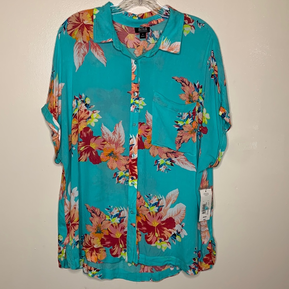 ANA Oversized Button Up Shirt Aqua & Peach Floral Hawaiian Dolman Sleeve Medium